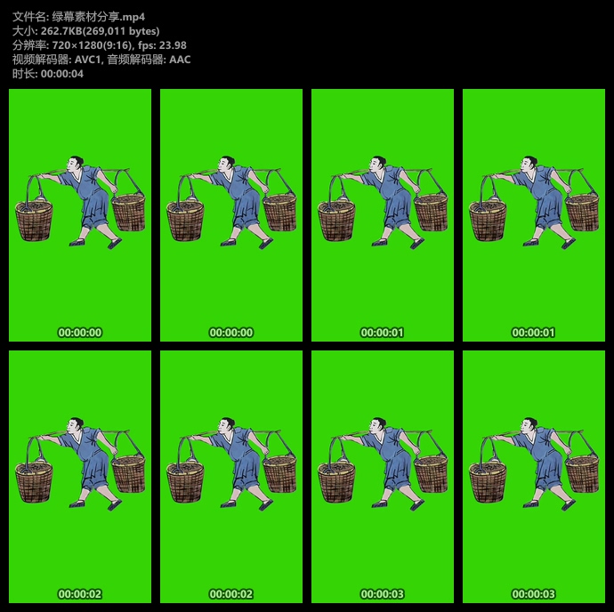 古人扁担挑水绿幕视频素材